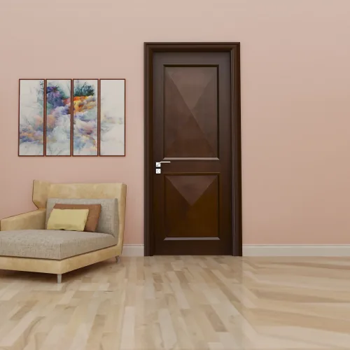 Dark wood Dormak door in a pale pink living room